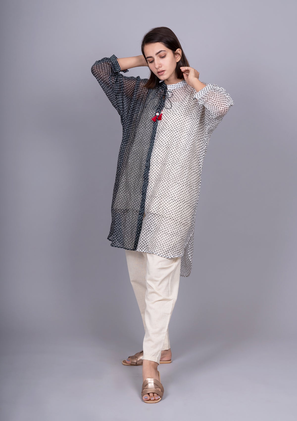 Black White Chanderi Mix And Match Bandhani Print Shirt With Slip