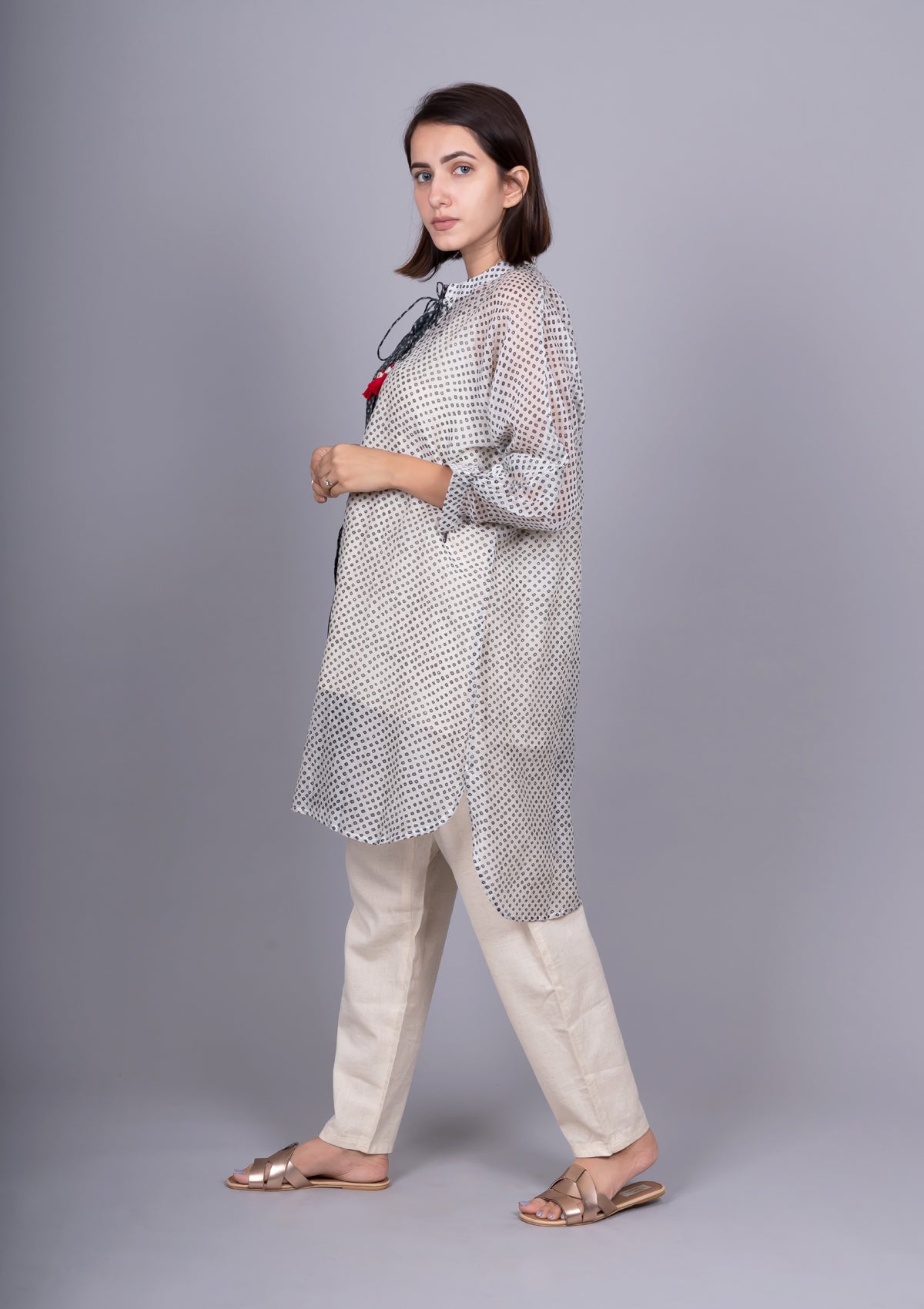 Black White Chanderi Mix And Match Bandhani Print Shirt With Slip