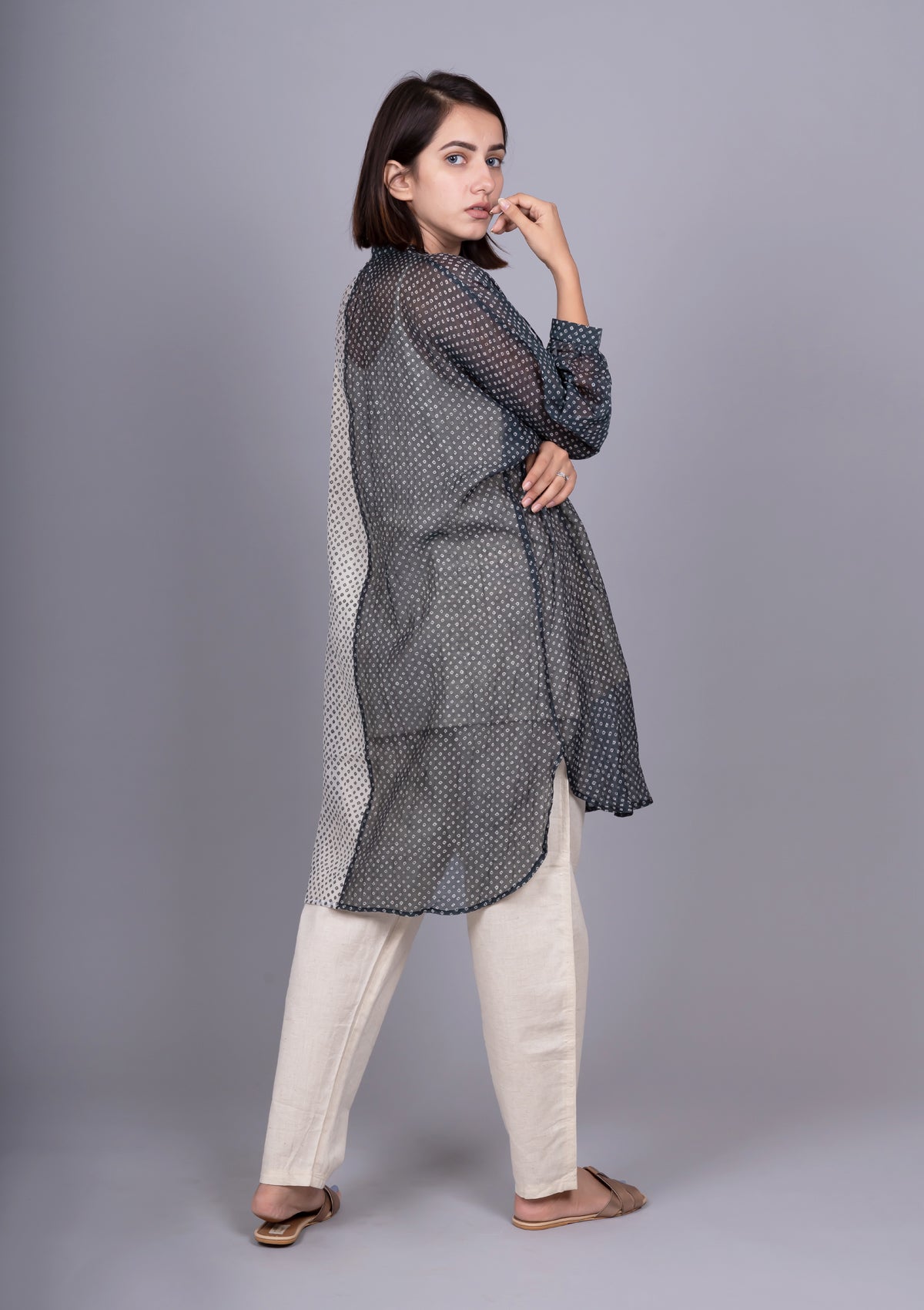 Black White Chanderi Mix And Match Bandhani Print Shirt With Slip