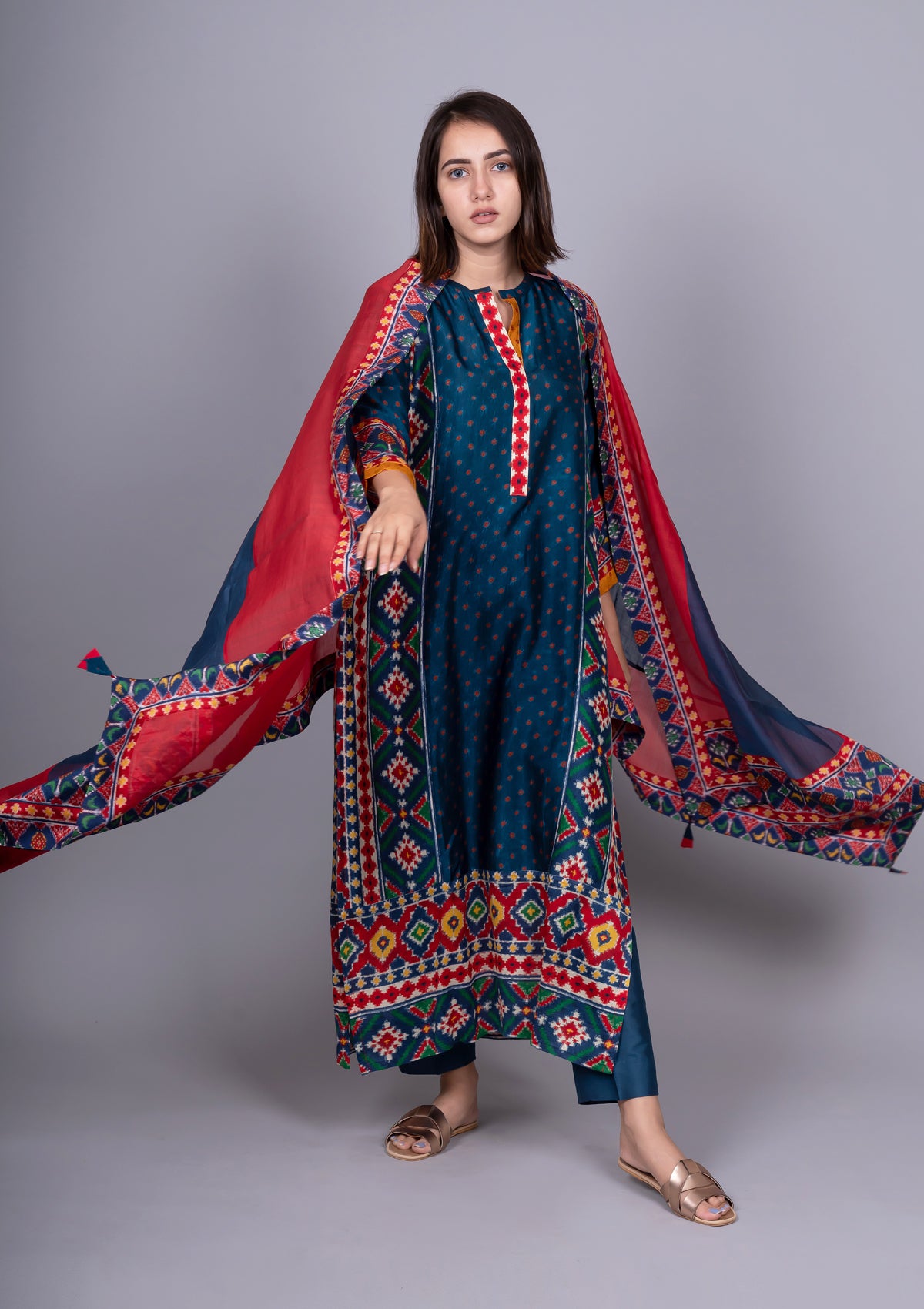 Navy Blue Patola print Kurta with Straight Pants And Printed Dupatta