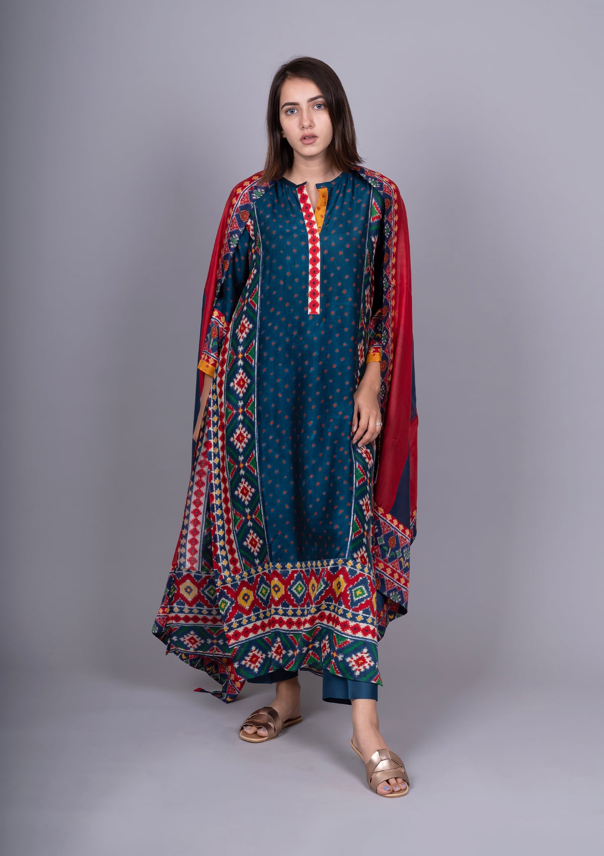 Navy Blue Patola print Kurta with Straight Pants And Printed Dupatta