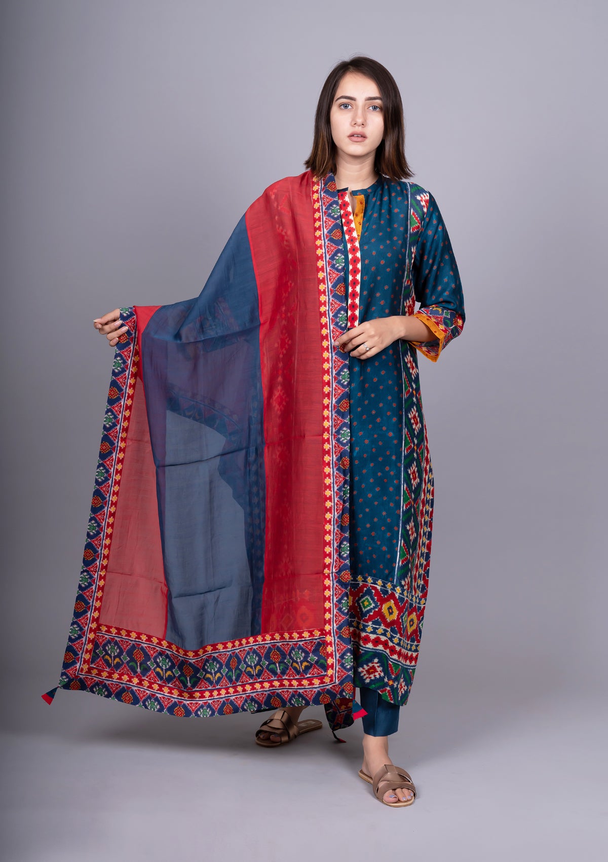 Navy Blue Patola print Kurta with Straight Pants And Printed Dupatta