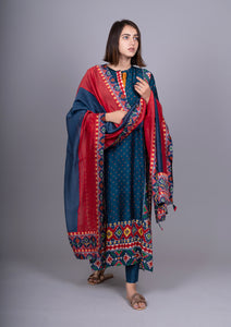 Navy Blue Patola print Kurta with Straight Pants And Printed Dupatta