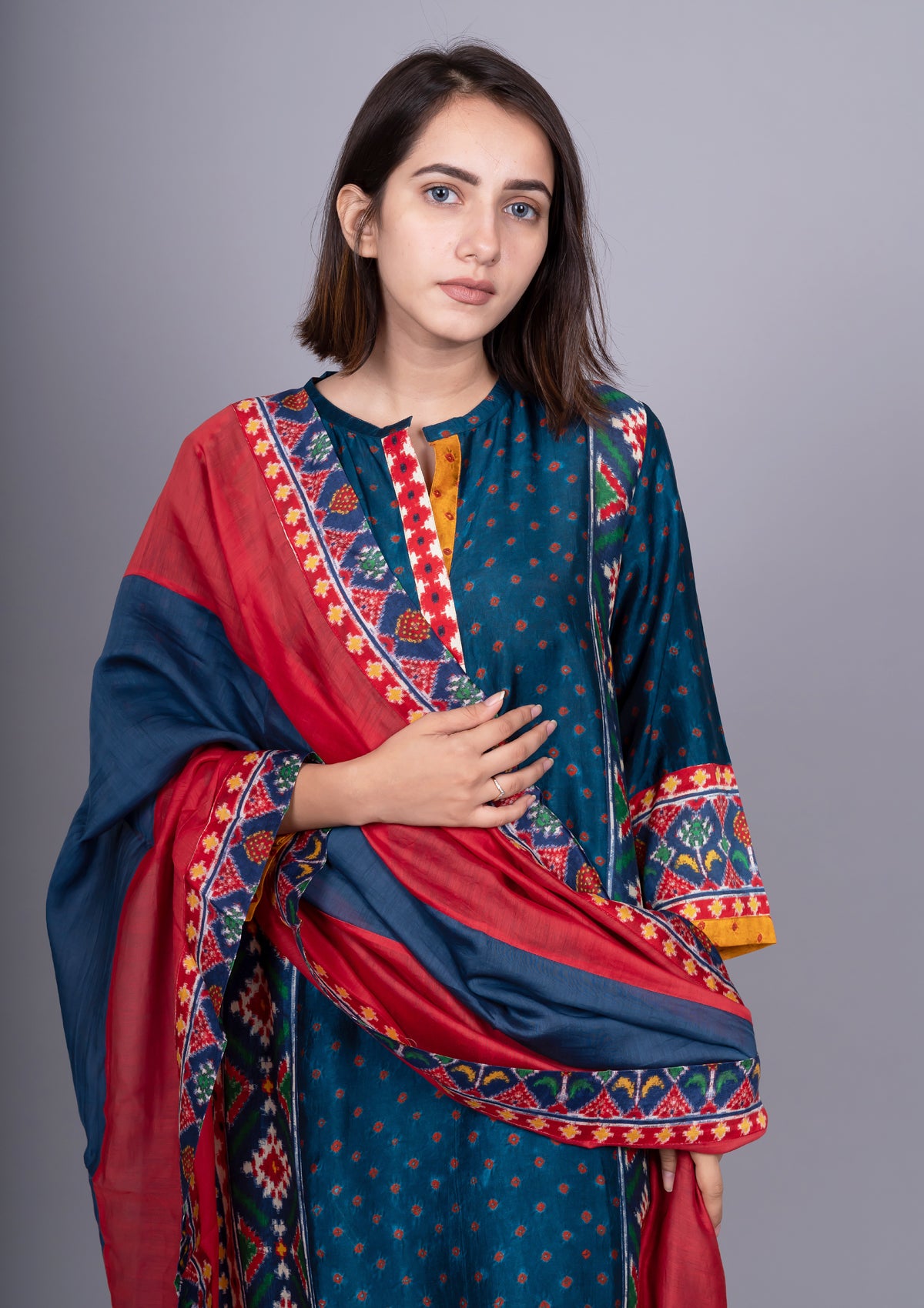 Navy Blue Patola print Kurta with Straight Pants And Printed Dupatta