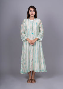 Mint Green Chanderi Stripes Dress With Cotton Block Printed Sleeveless Dress