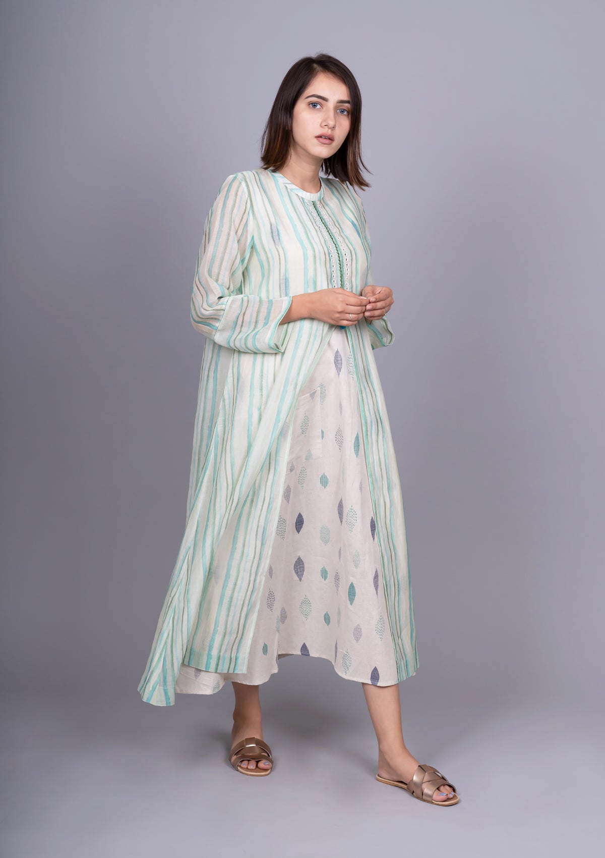 Mint Green Chanderi Stripes Dress With Cotton Block Printed Sleeveless Dress