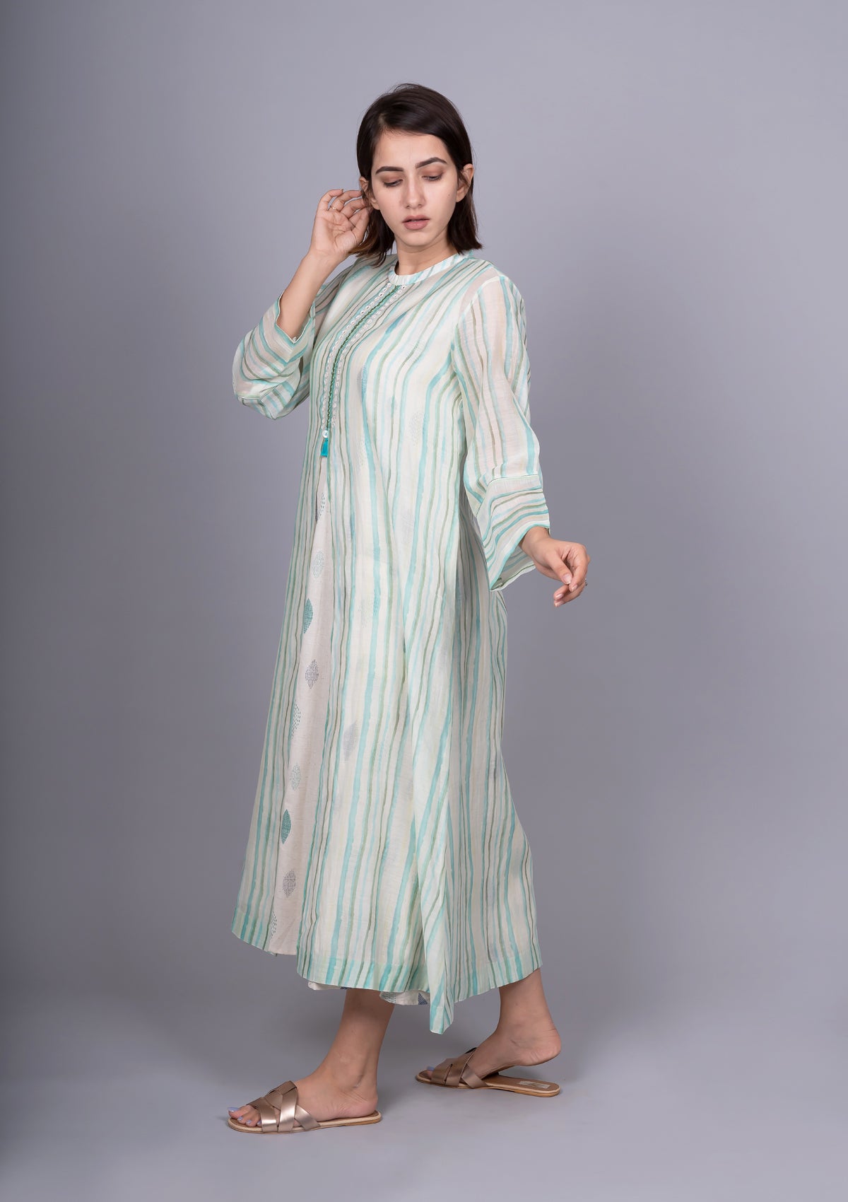 Mint Green Chanderi Stripes Dress With Cotton Block Printed Sleeveless Dress