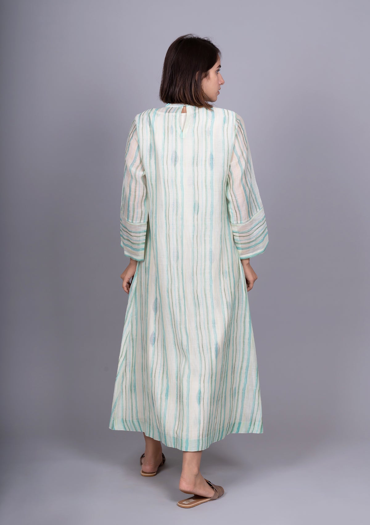 Mint Green Chanderi Stripes Dress With Cotton Block Printed Sleeveless Dress