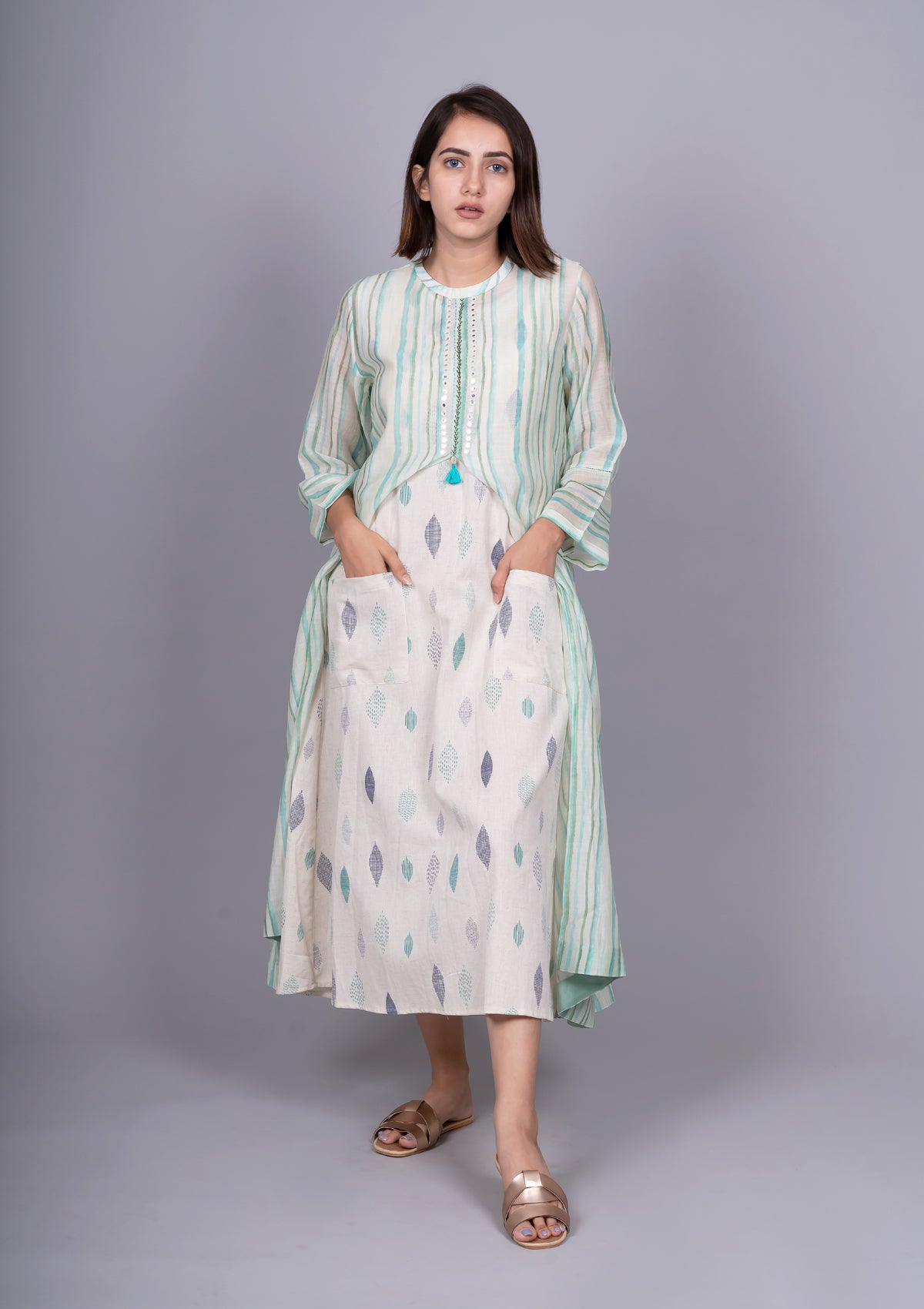 Mint Green Chanderi Stripes Dress With Cotton Block Printed Sleeveless Dress