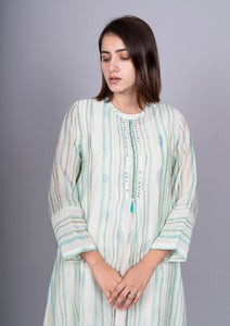 Mint Green Chanderi Stripes Dress With Cotton Block Printed Sleeveless Dress