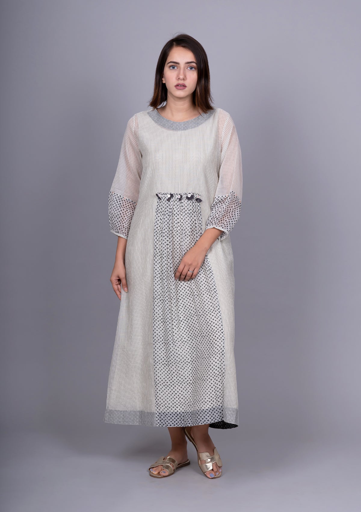 Black and White Chanderi Front Gathering Bandhani Printed Dress with Slip
