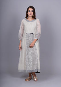 Black and White Chanderi Front Gathering Bandhani Printed Dress with Slip