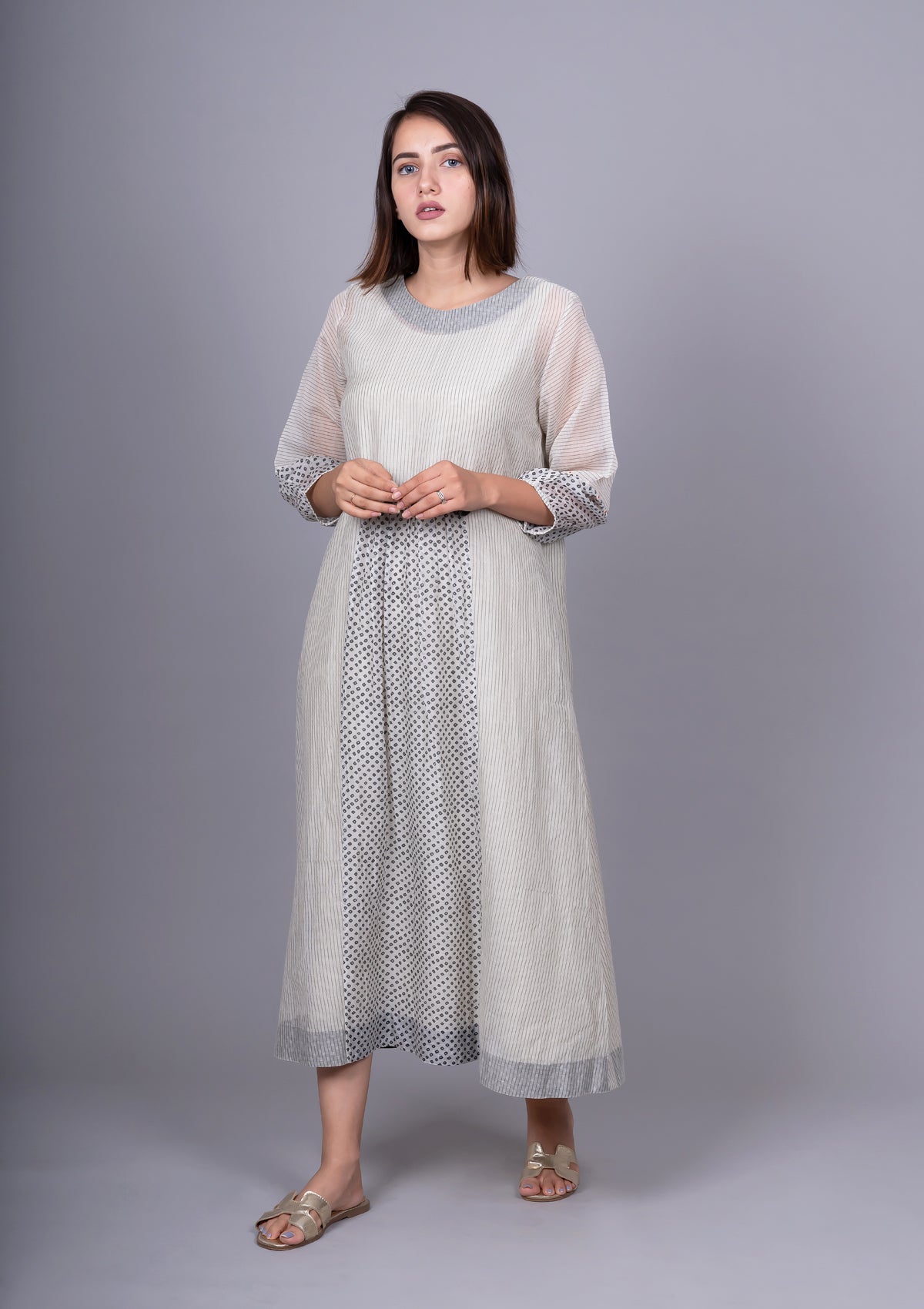 Black and White Chanderi Front Gathering Bandhani Printed Dress with Slip