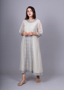 Black and White Chanderi Front Gathering Bandhani Printed Dress with Slip