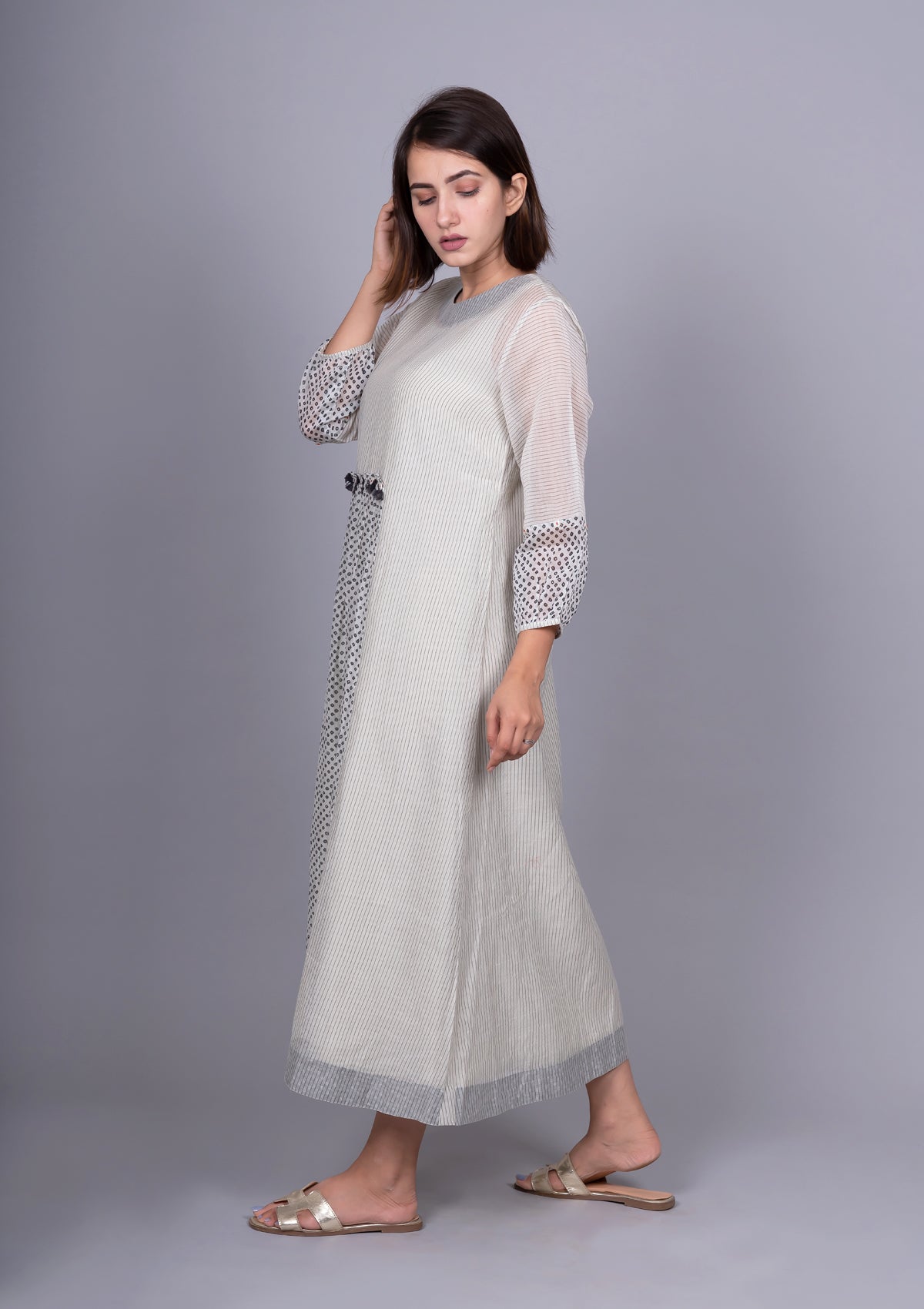 Black and White Chanderi Front Gathering Bandhani Printed Dress with Slip