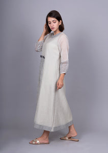 Black and White Chanderi Front Gathering Bandhani Printed Dress with Slip