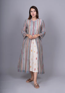 Grey Wine Chanderi Stripes Dress With Cotton Block Printed Dress