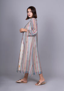 Chanderi Stripes Dress With Cotton Block Printed Sleeveless Dress