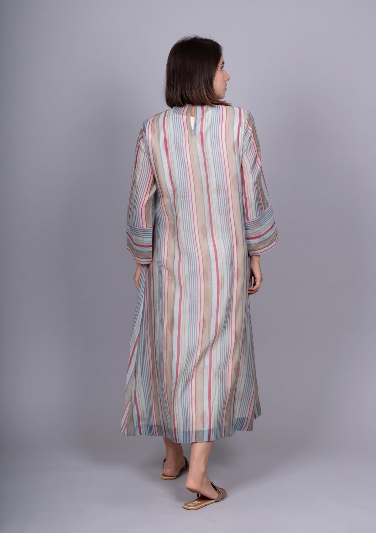 Grey Wine Chanderi Stripes Dress With Cotton Block Printed Dress