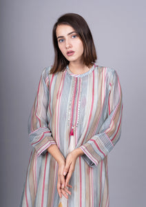 Chanderi Stripes Dress With Cotton Block Printed Sleeveless Dress