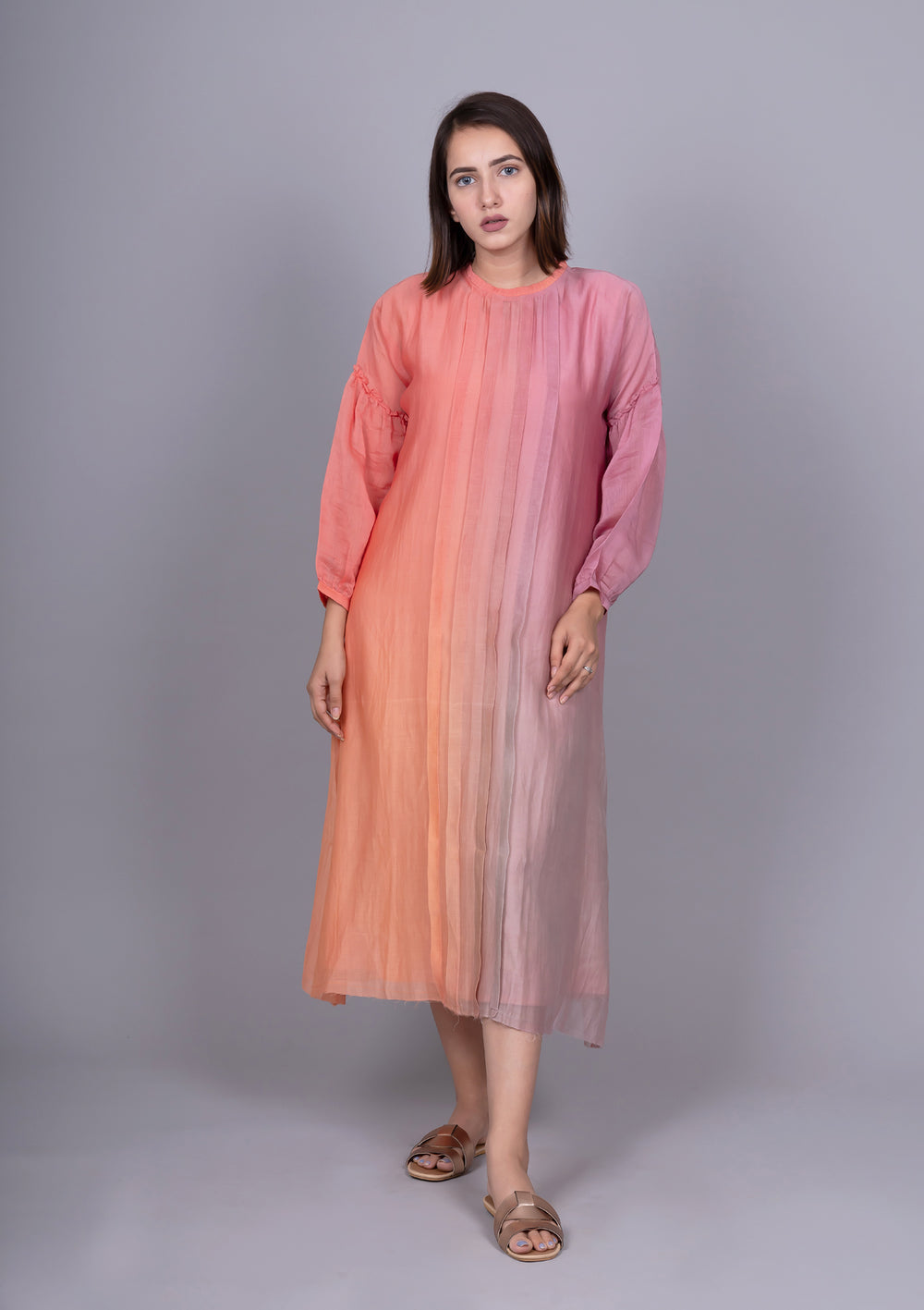 Peach Ombre Pleated Chanderi Dress With Slip
