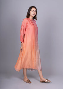 Ombre Pleated Chanderi Dress With Slip 2 Pc