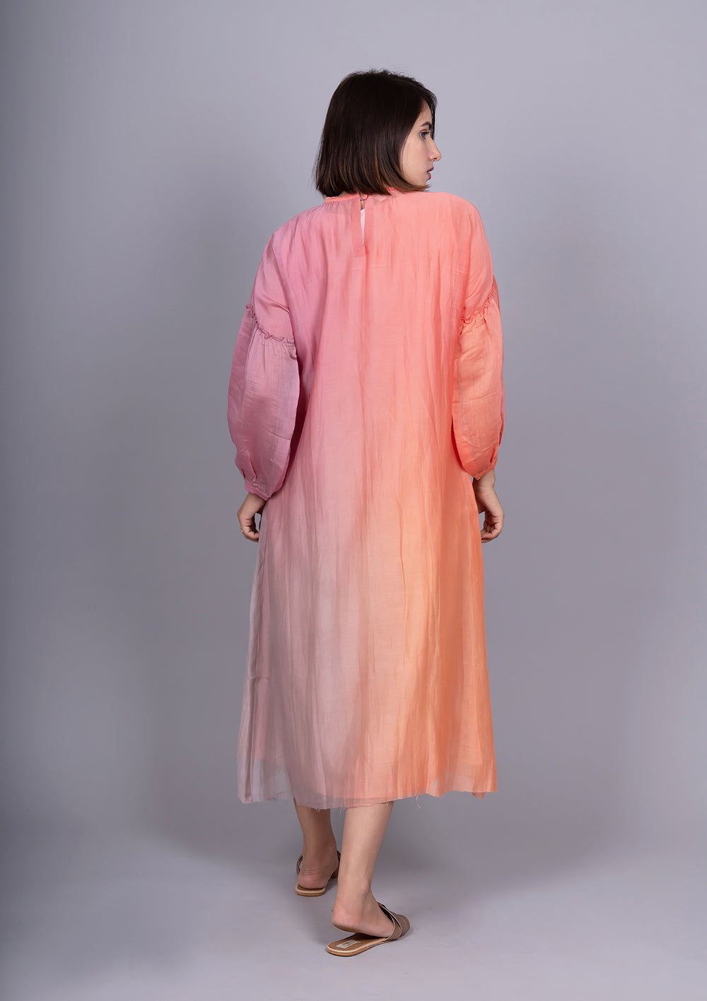 Peach Ombre Pleated Chanderi Dress With Slip