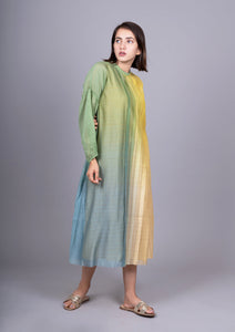 Lime yellow green Ombre Pleated Chanderi Dress With Slip