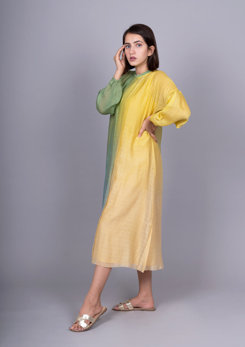 Lime yellow green Ombre Pleated Chanderi Dress With Slip