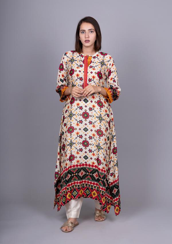 Women Rayon Patola printed and Mirror Work Straight Fit Kurti Only – Mirchi  Fashion