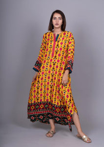 Yellow Patola Printed Kurta with asymmetric hemline.