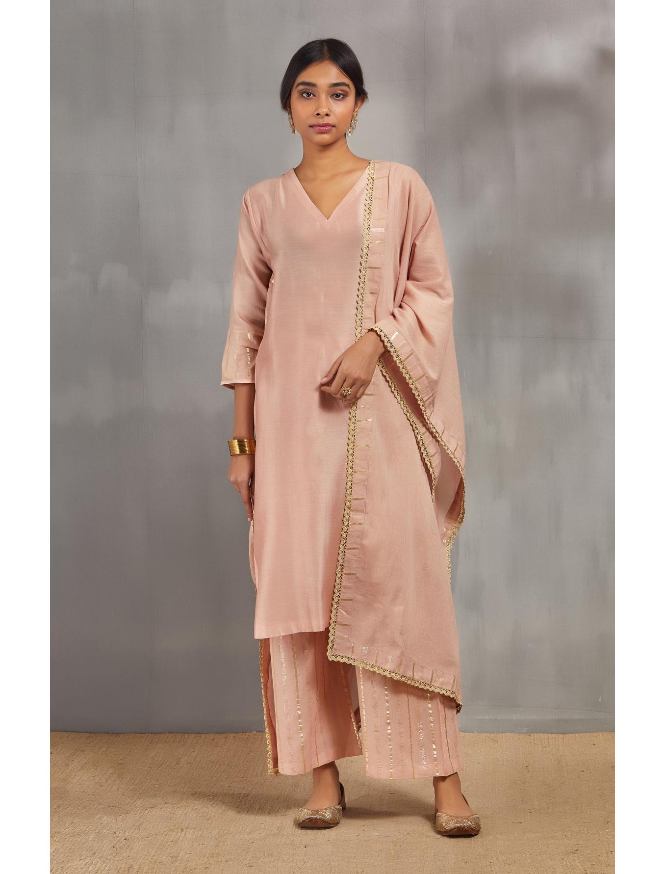 Salmon Pink Silk Chanderi Kali Kurta Set With Zari Striped Pants And Dupatta.