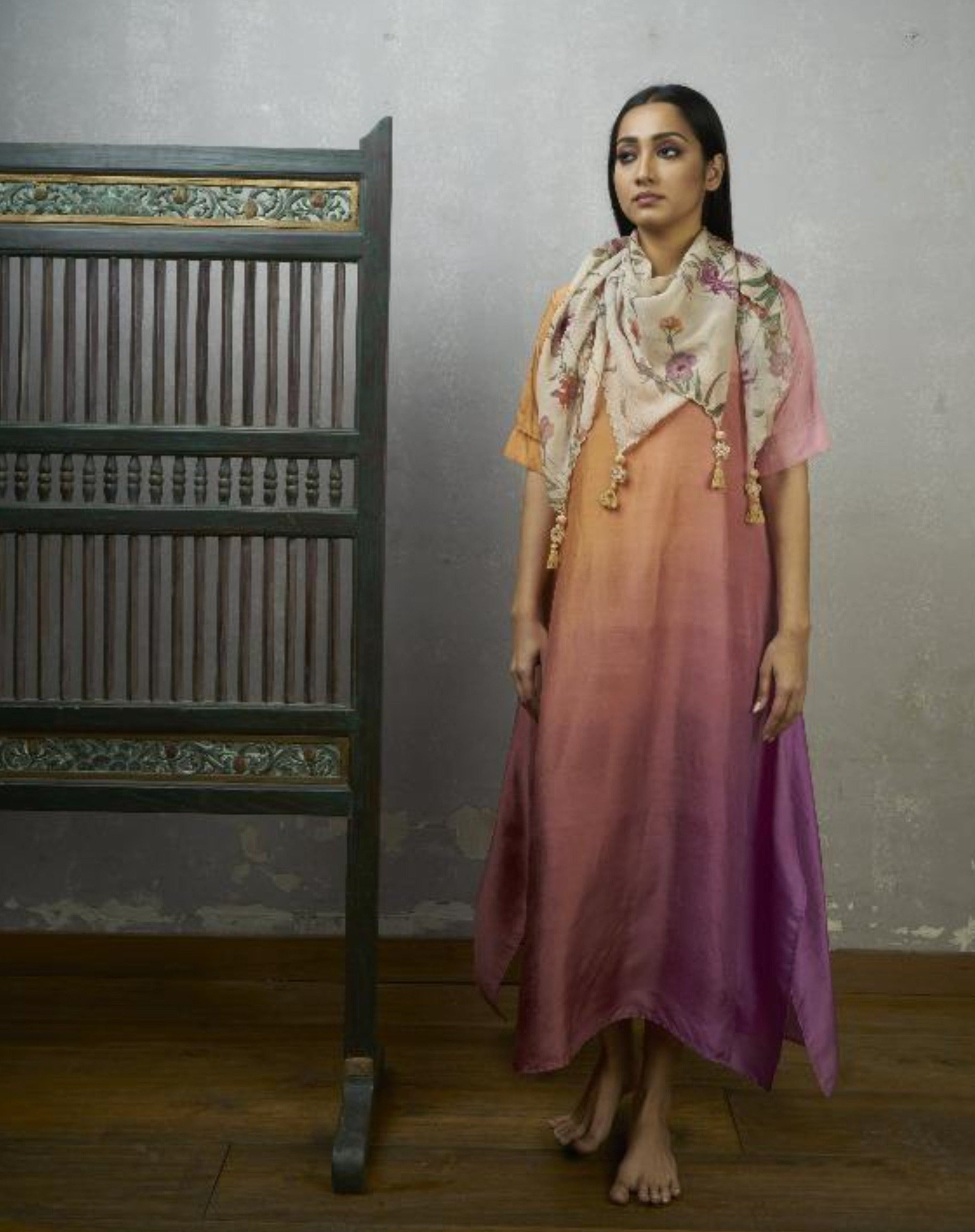 Peach Mauve Asymmetric Dupion Silk Ombre Kurta .