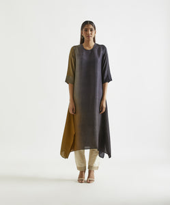 Black Olive Asymmetric Dupion Silk Ombre Kurta With Silk Printed Stole.