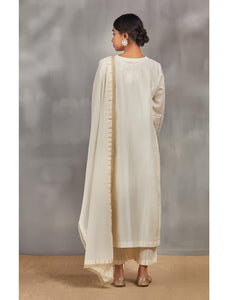 Ivory Silk Chanderi Kali Kurta Set With Zari Striped Pants And Dupatta.