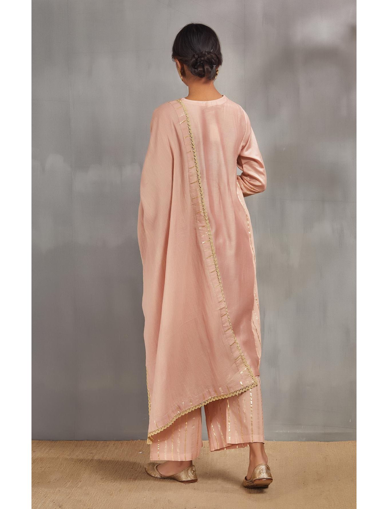 Salmon Pink Silk Chanderi Kali Kurta Set With Zari Striped Pants And Dupatta.