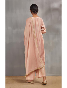 Salmon Pink Silk Chanderi Kali Kurta Set With Zari Striped Pants And Dupatta.
