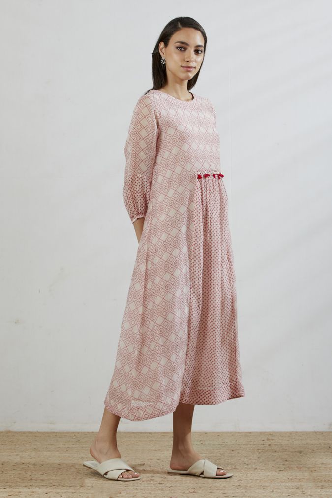 Rose Pink Chanderi Front Gathering Bandhani Printed Dress with Slip .