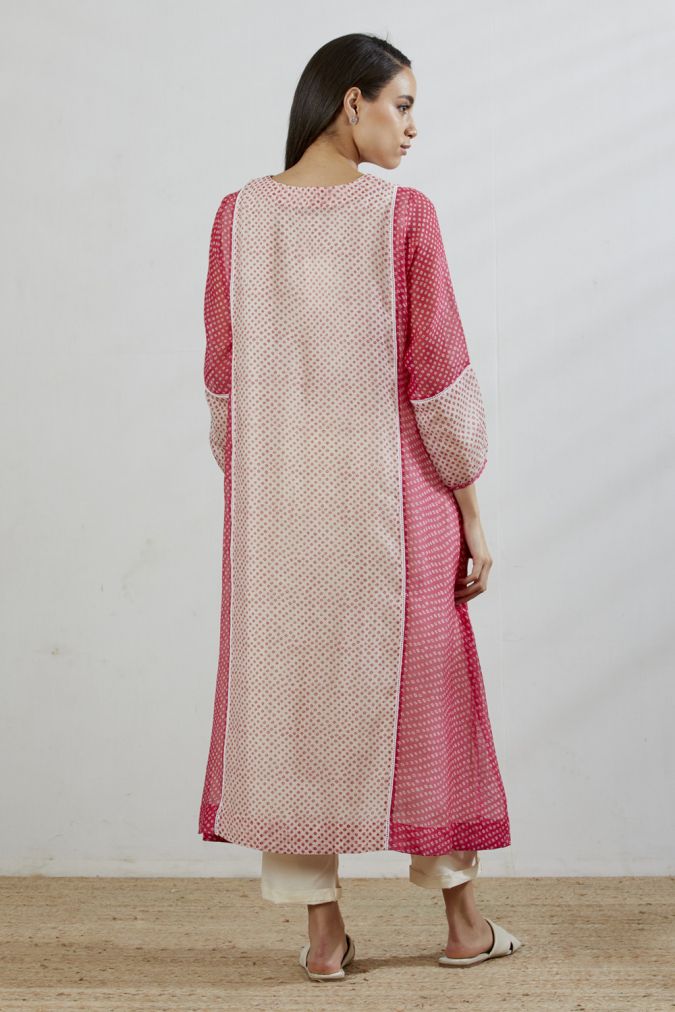 Rose Ivory Chanderi Front Gathering Bandhani Printed Dress with Slip , pants and stole (Full Set)