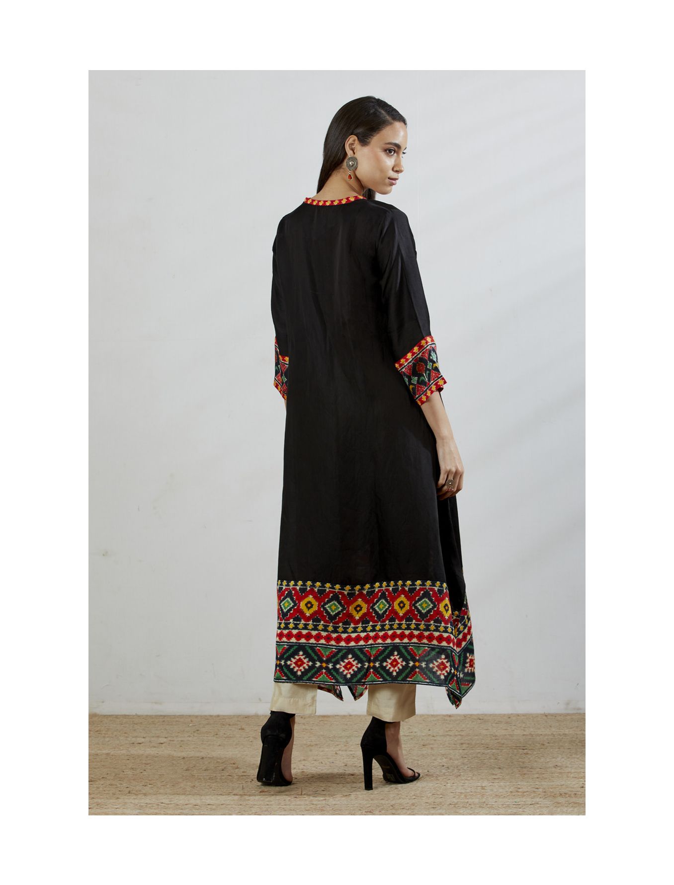 Black Kurta With Asymmetric Patola Print Hemline