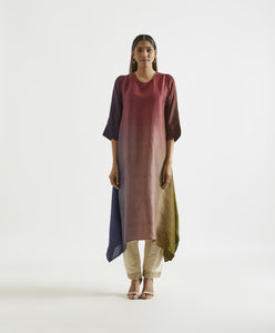 Olive Navy Maroon Asymmetric Dupion Silk Ombre Kurta With Silk Printed Stole