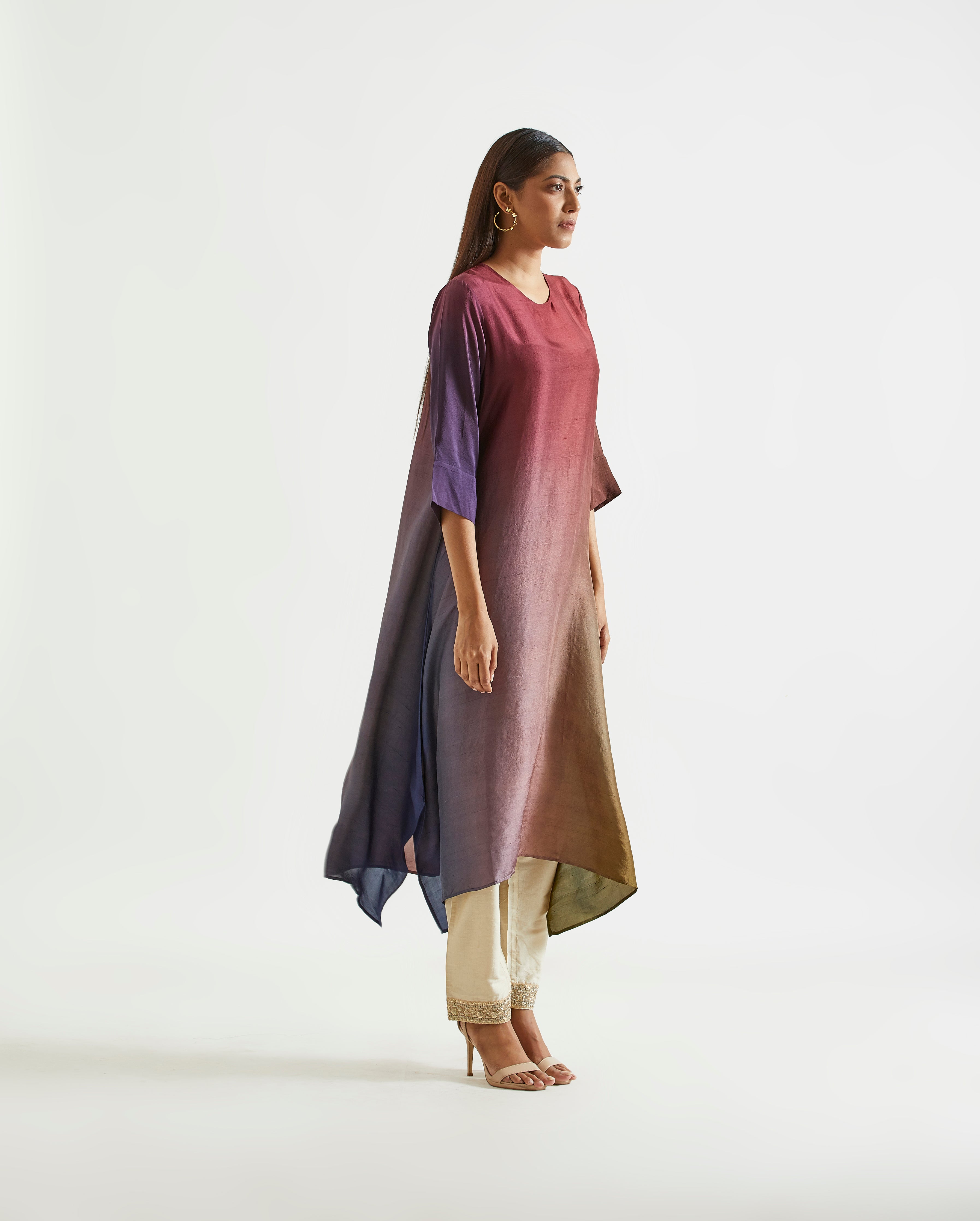 Olive Navy Maroon Asymmetric Dupion Silk Ombre Kurta With Silk Printed Stole
