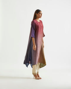 Olive Navy Maroon Asymmetric Dupion Silk Ombre Kurta With Silk Printed Stole