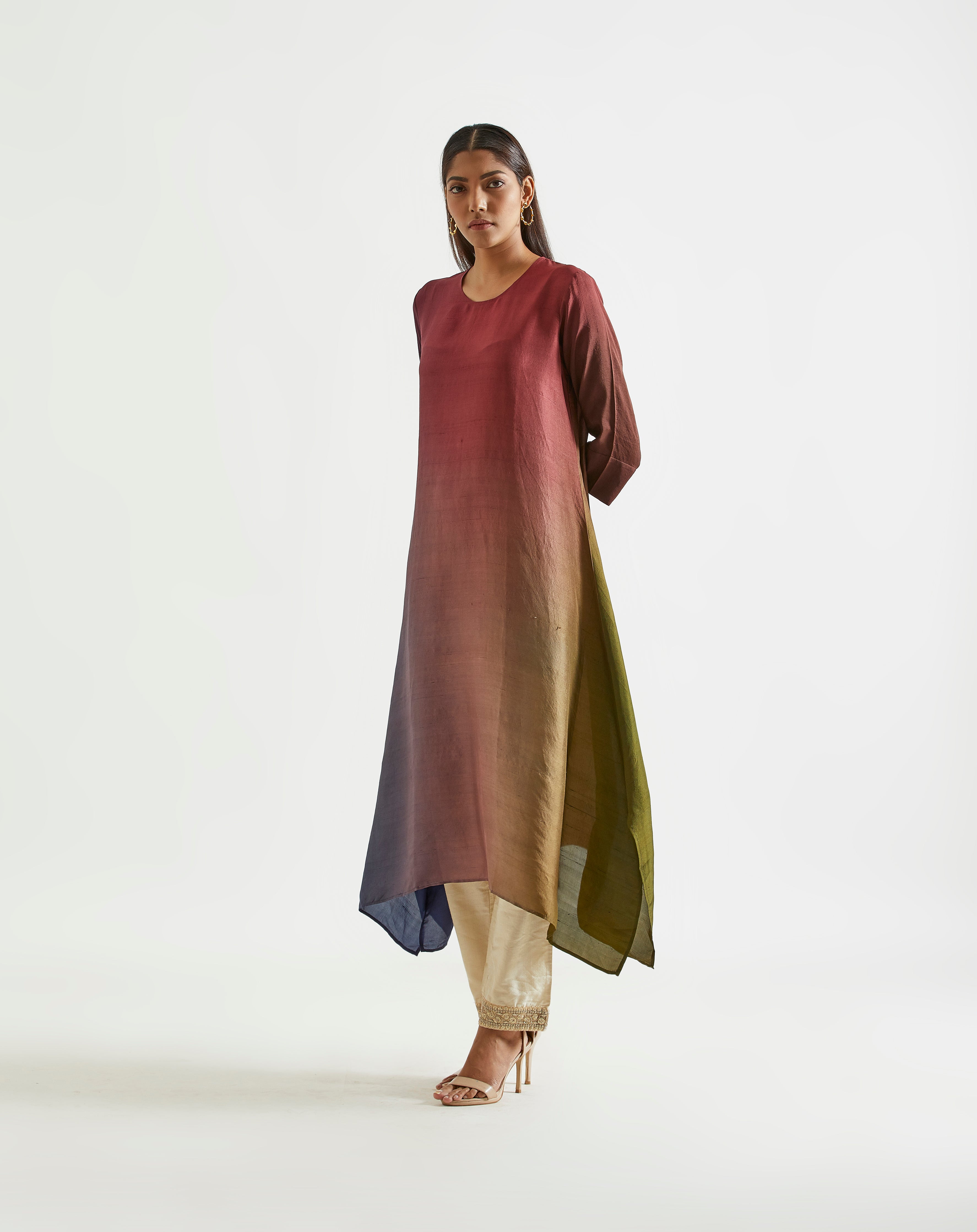 Olive Navy Maroon Asymmetric Dupion Silk Ombre Kurta With Silk Printed Stole