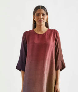 Olive Navy Maroon Asymmetric Dupion Silk Ombre Kurta With Silk Printed Stole
