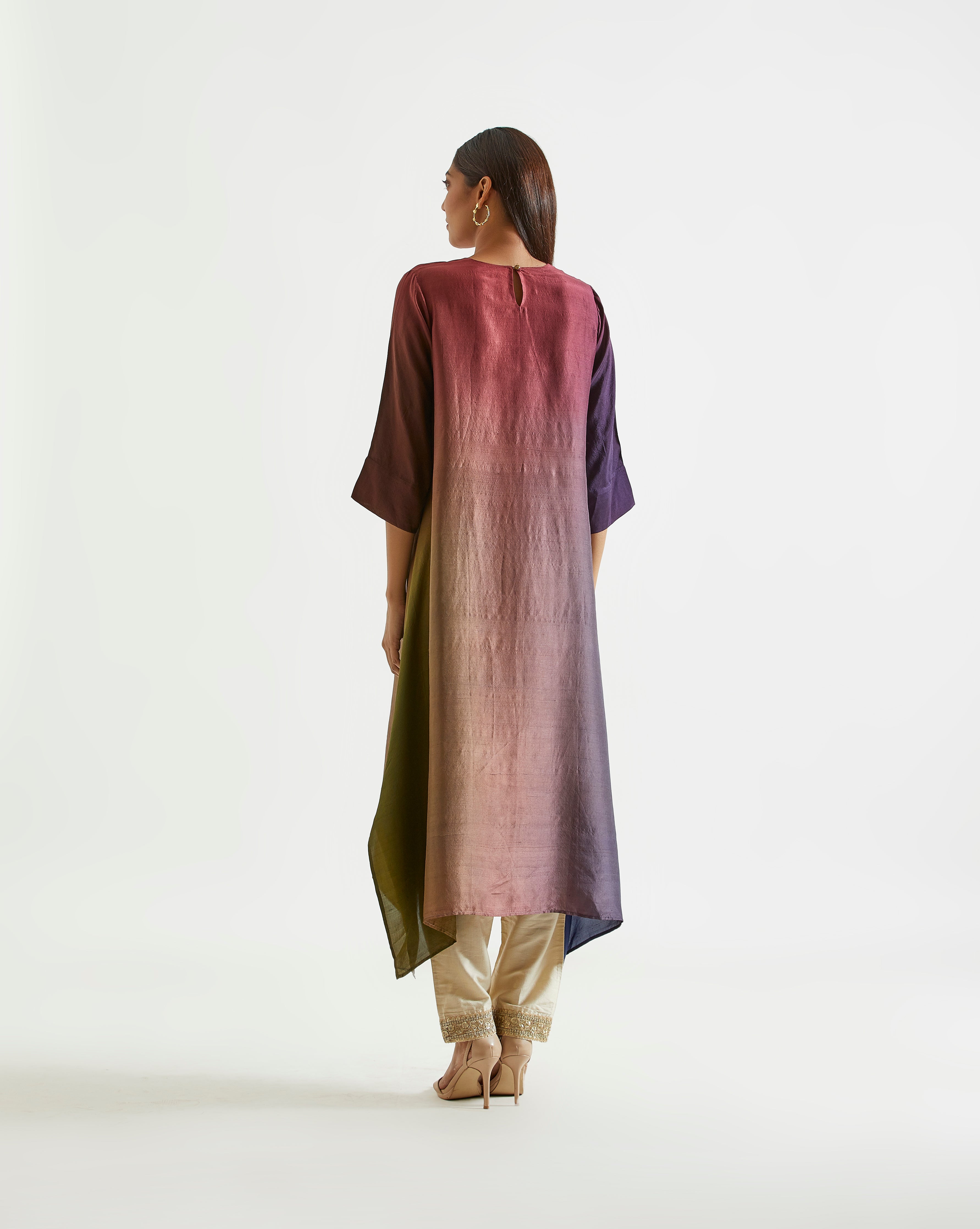 Olive Navy Maroon Asymmetric Dupion Silk Ombre Kurta With Silk Printed Stole