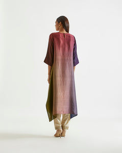 Olive Navy Maroon Asymmetric Dupion Silk Ombre Kurta With Silk Printed Stole