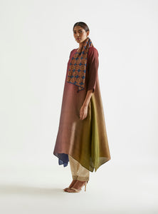 Olive Navy Maroon Asymmetric Dupion Silk Ombre Kurta With Silk Printed Stole