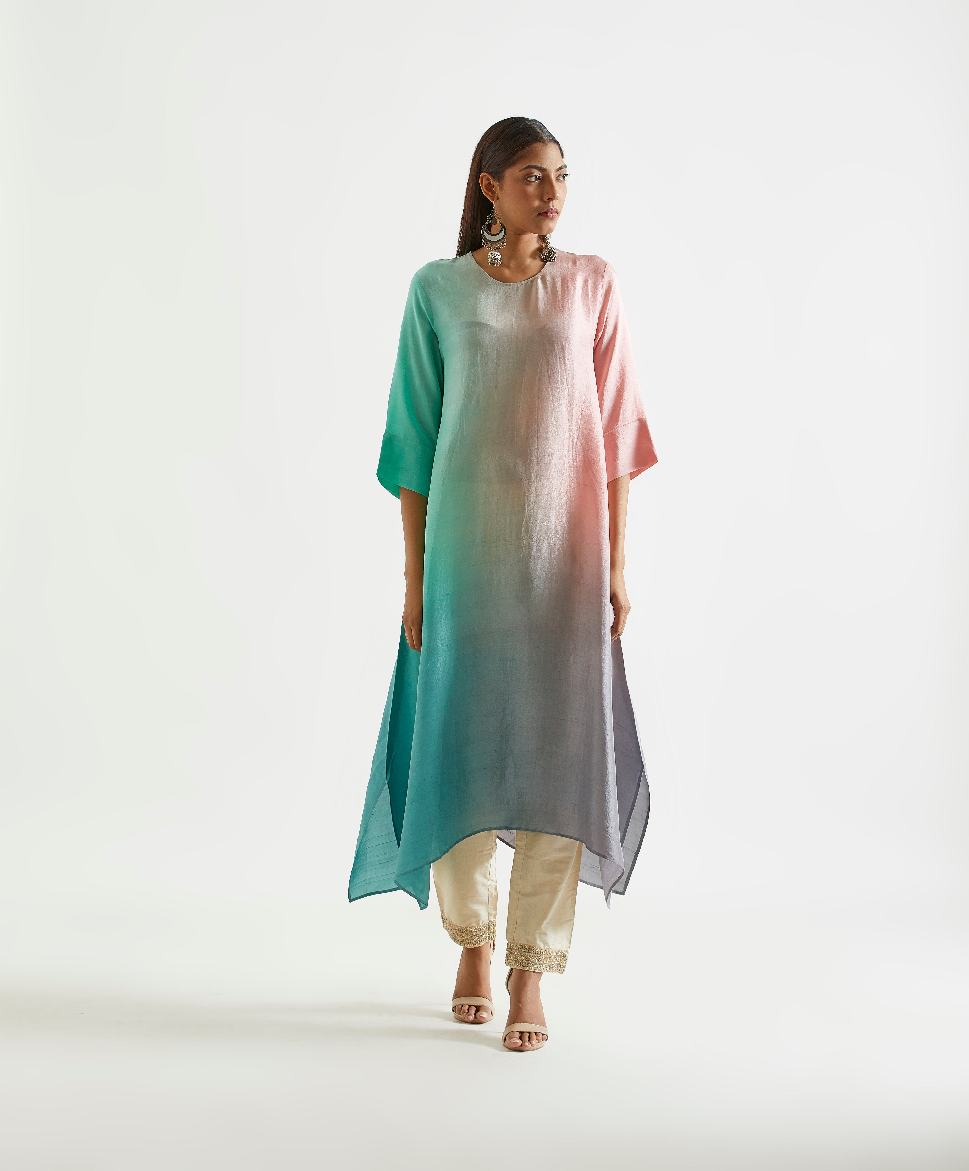 Blue Mauve Grey Asymmetric Dupion Silk Ombre Kurta With Silk Printed Stole