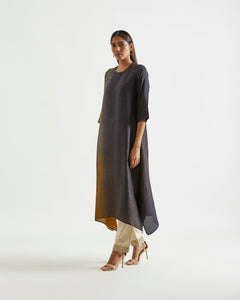 Black Olive Asymmetric Dupion Silk Ombre Kurta With Silk Printed Stole.